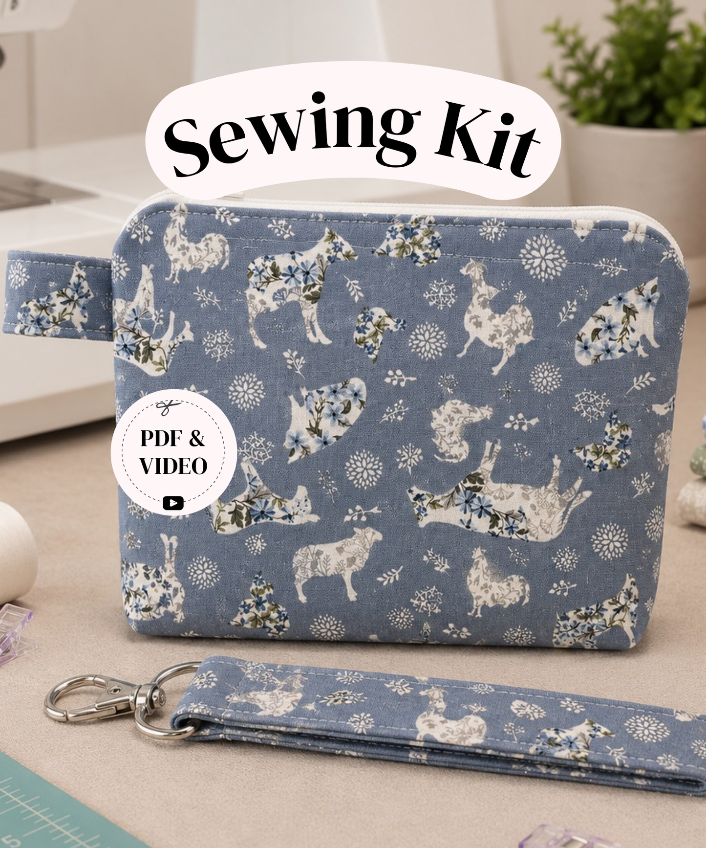 Ella Keychain Wallet Sewing Kit ~ Gray Floral Farm Animals ~PDF Pattern Digital Download & Video Tutorial