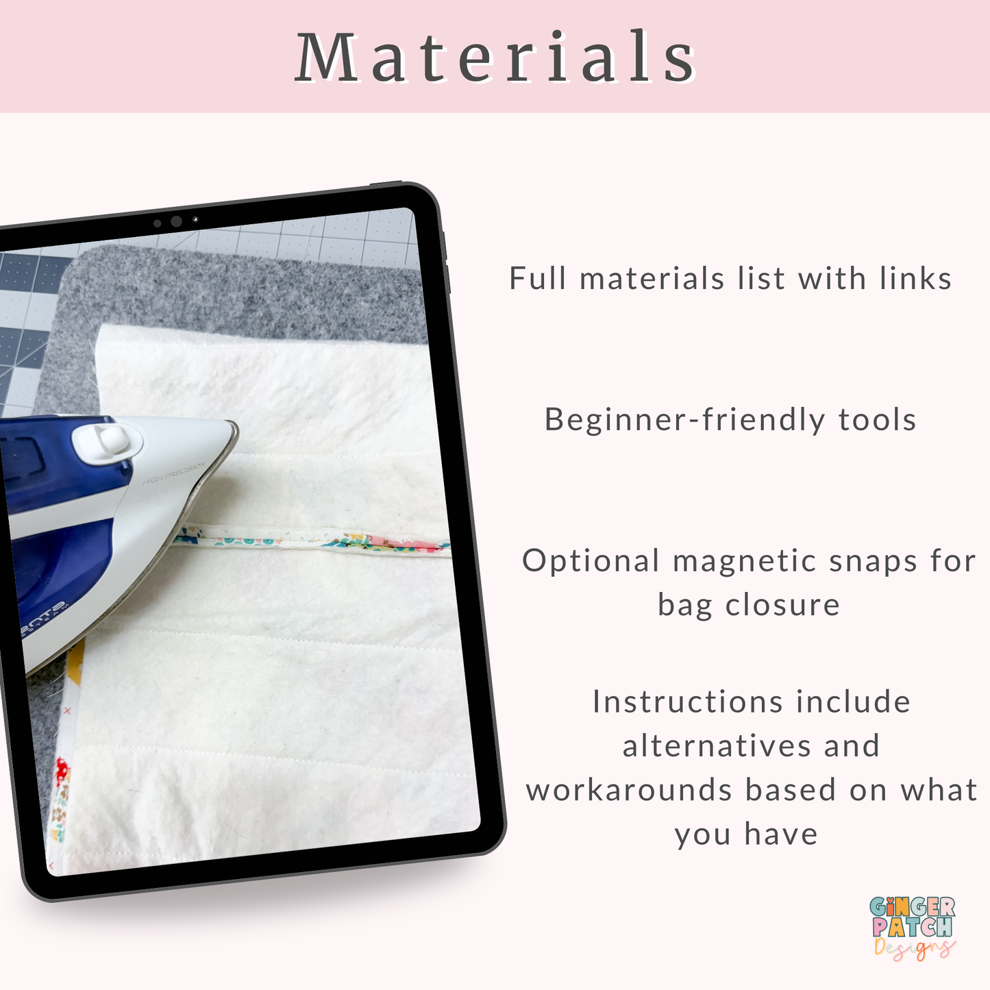 Tablet displaying a sewing tutorial with text about materials and tools.