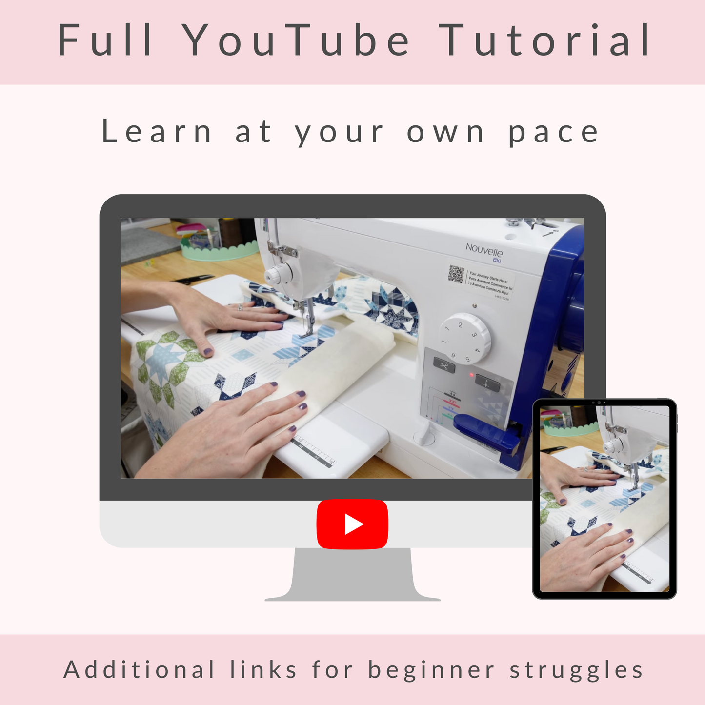 Sewing machine tutorial on a computer screen with a focus on learning at one's own pace.