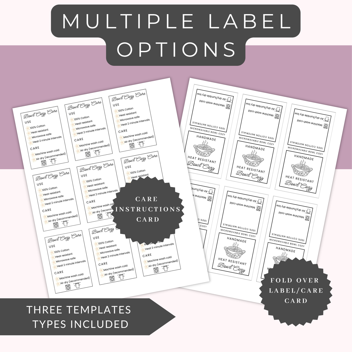 EDITABLE 3-in-1 Bowl Cozy Product Labels | Wrap Labels, Care Card & Fold Card | Edit in Canva