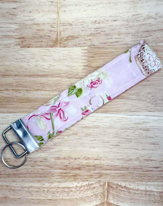 Pink Victorian Tea Set Quilted Keychain