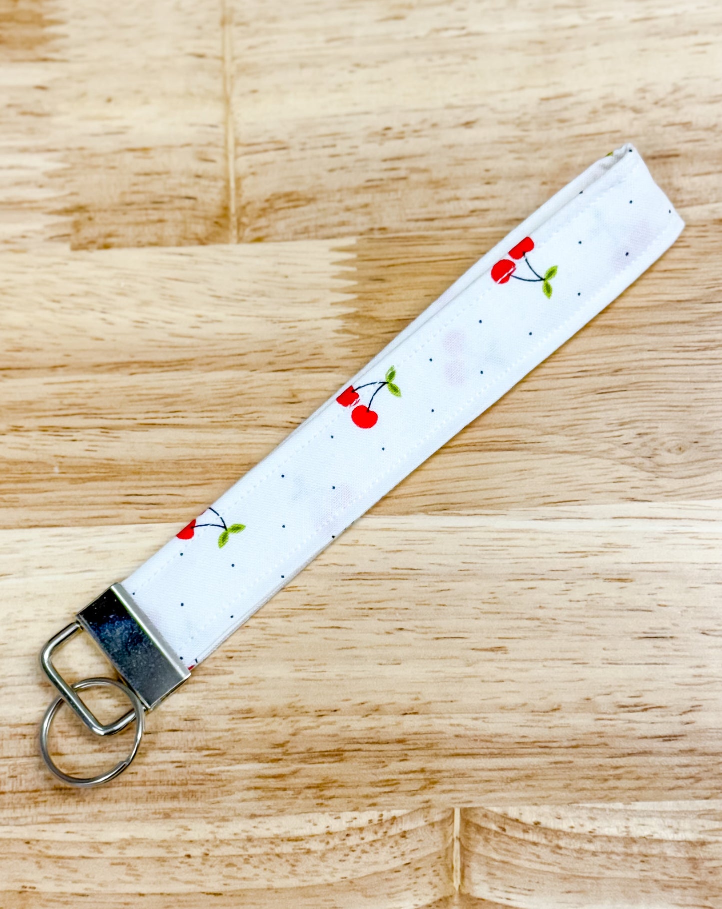 White Cherry Dot Quilted Keychain