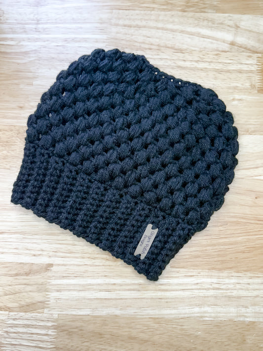 Black Crochet Bun Beanie