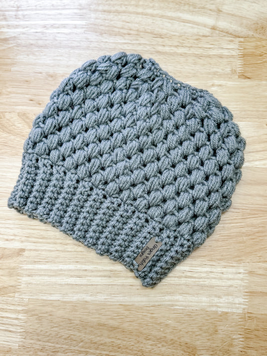 Graphite Gray Crochet Bun Beanie