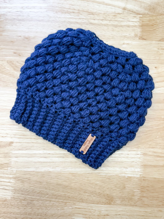 Navy Blue Crochet Bun Beanie