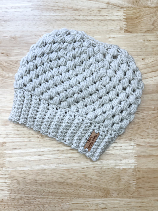 Ivory Linen Crochet Bun Beanie
