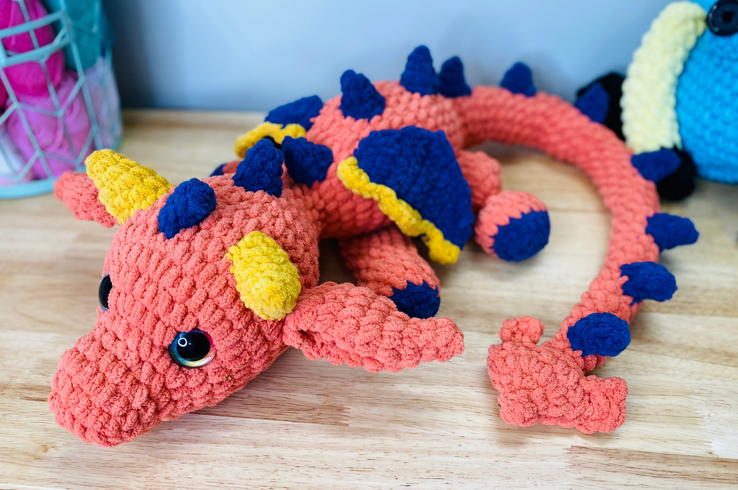 Orange, Navy, & Mustard Crochet Dragon