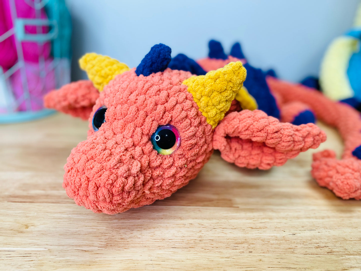 Orange, Navy, & Mustard Crochet Dragon