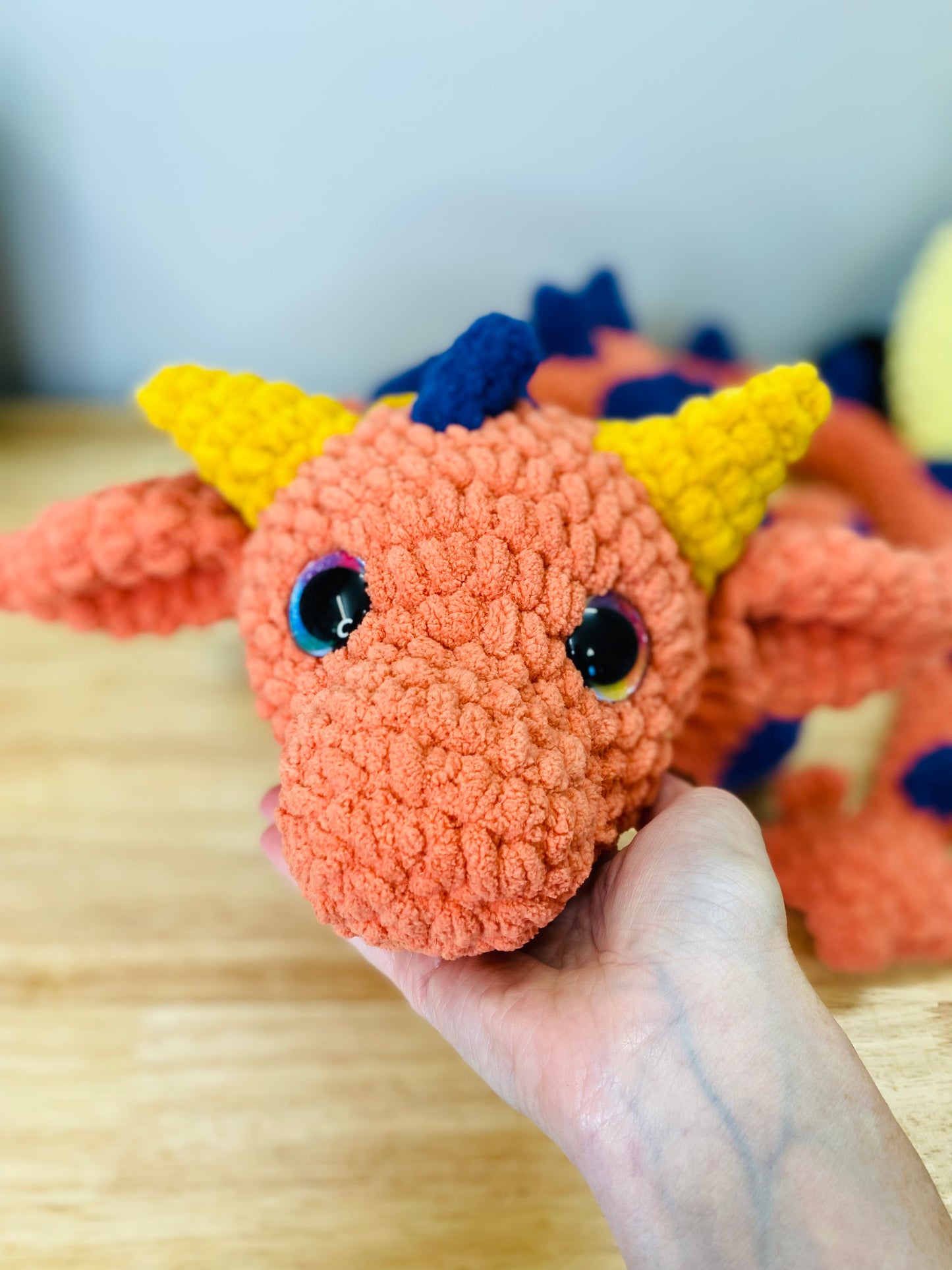 Orange, Navy, & Mustard Crochet Dragon