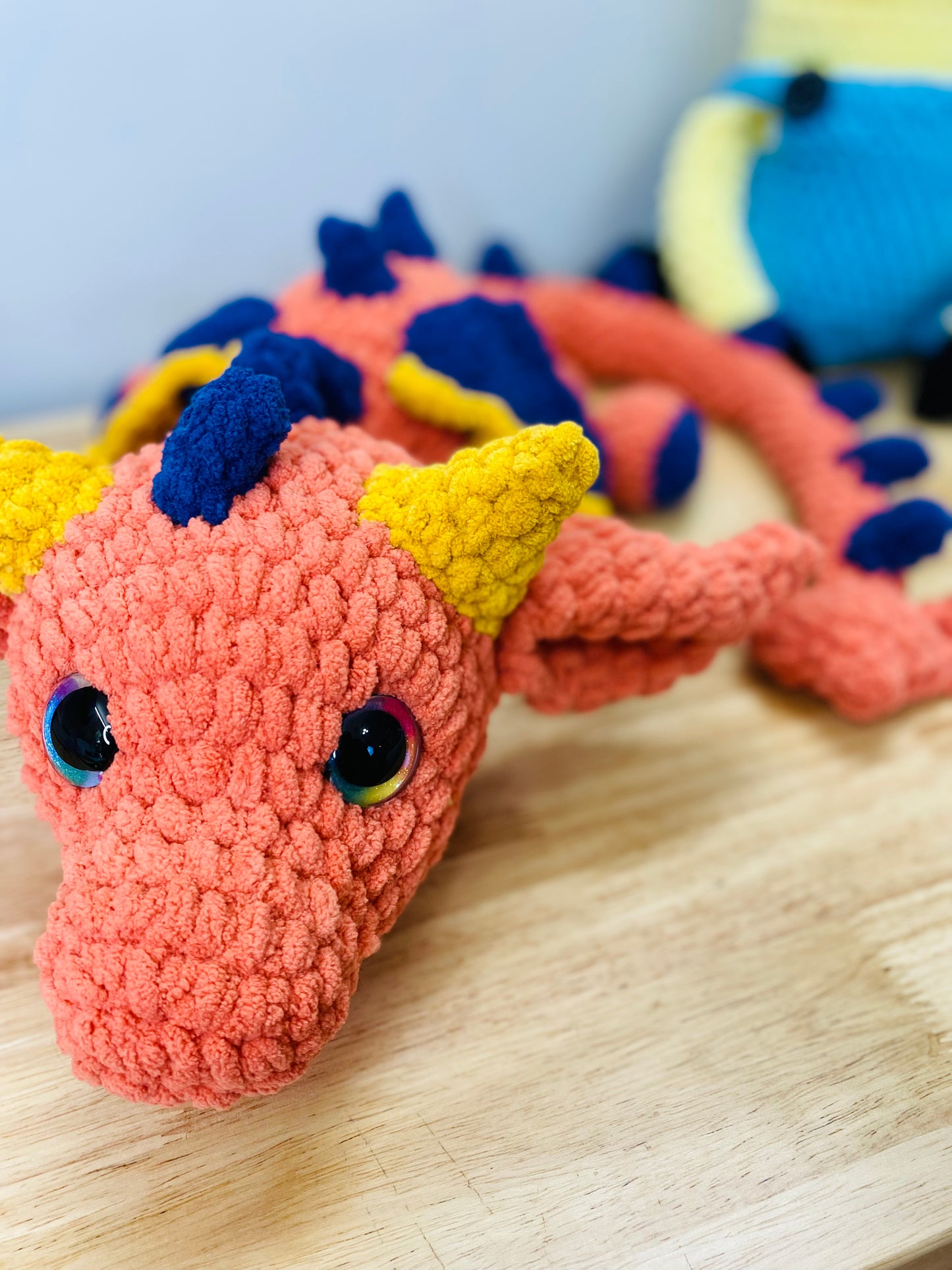 Orange, Navy, & Mustard Crochet Dragon