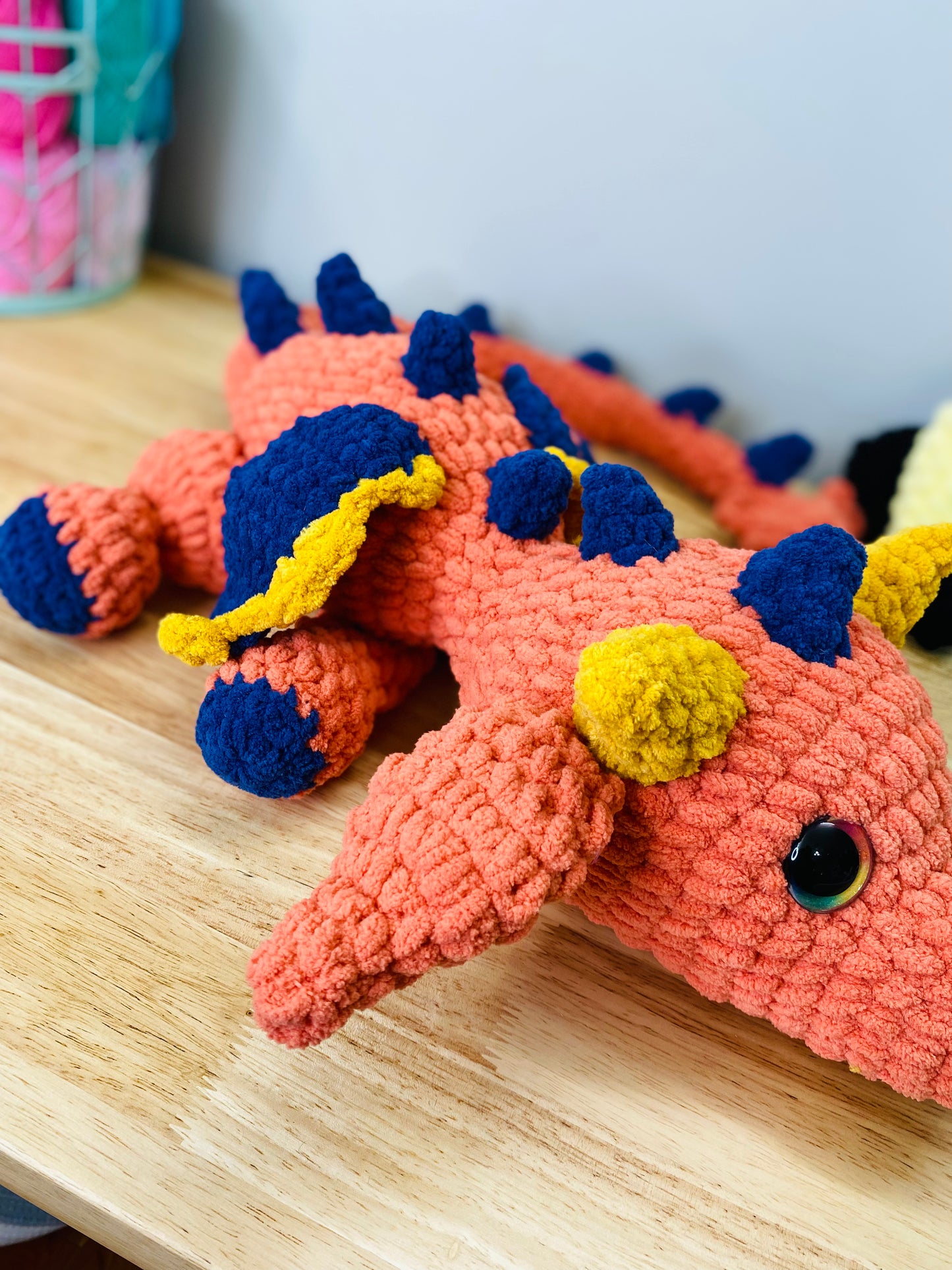 Orange, Navy, & Mustard Crochet Dragon