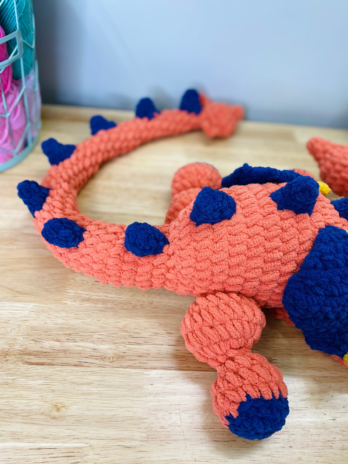 Orange, Navy, & Mustard Crochet Dragon