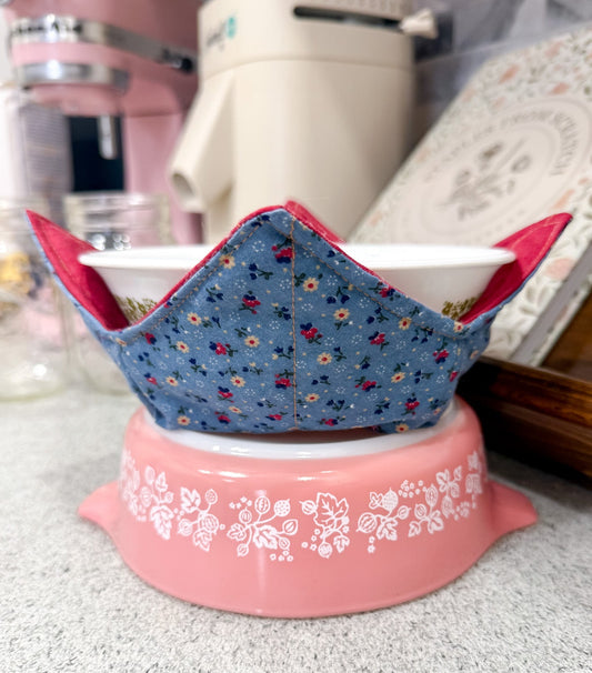 blue fabric bowl cozy with red roses vintage fabric