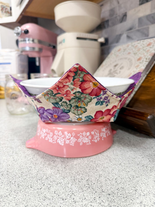 Beige Purple Butterfly Reversible Fabric Bowl Cozy 10"