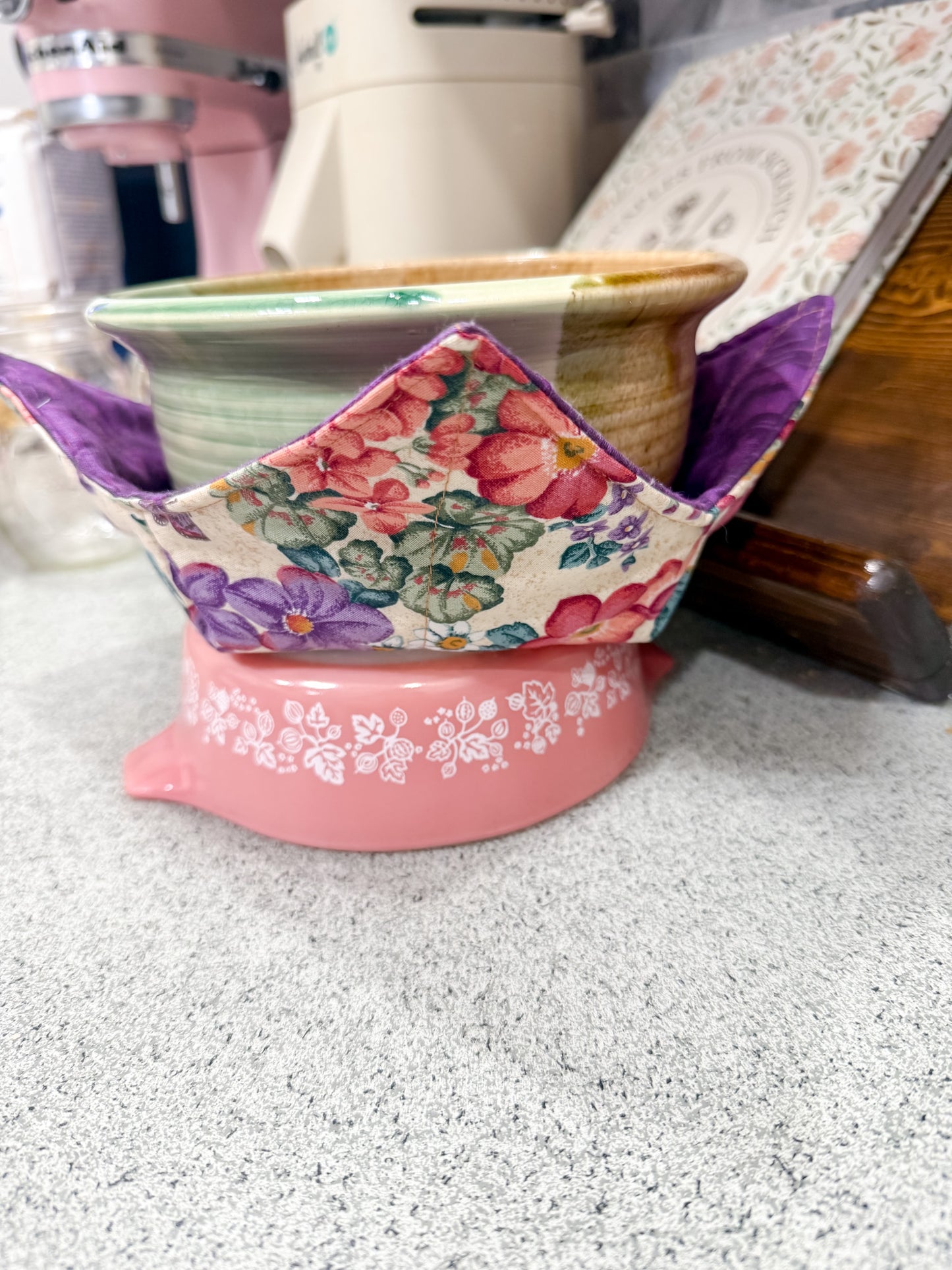 Beige Purple Butterfly Reversible Fabric Bowl Cozy 10"