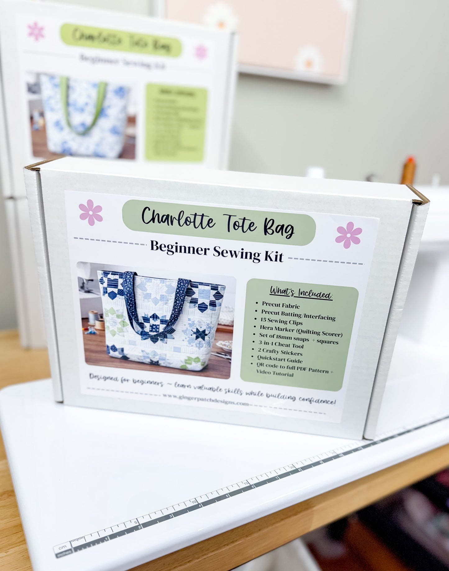 Charlotte Tote Bag Beginner Sewing Kit on a sewing machine with a sewing pattern in the background