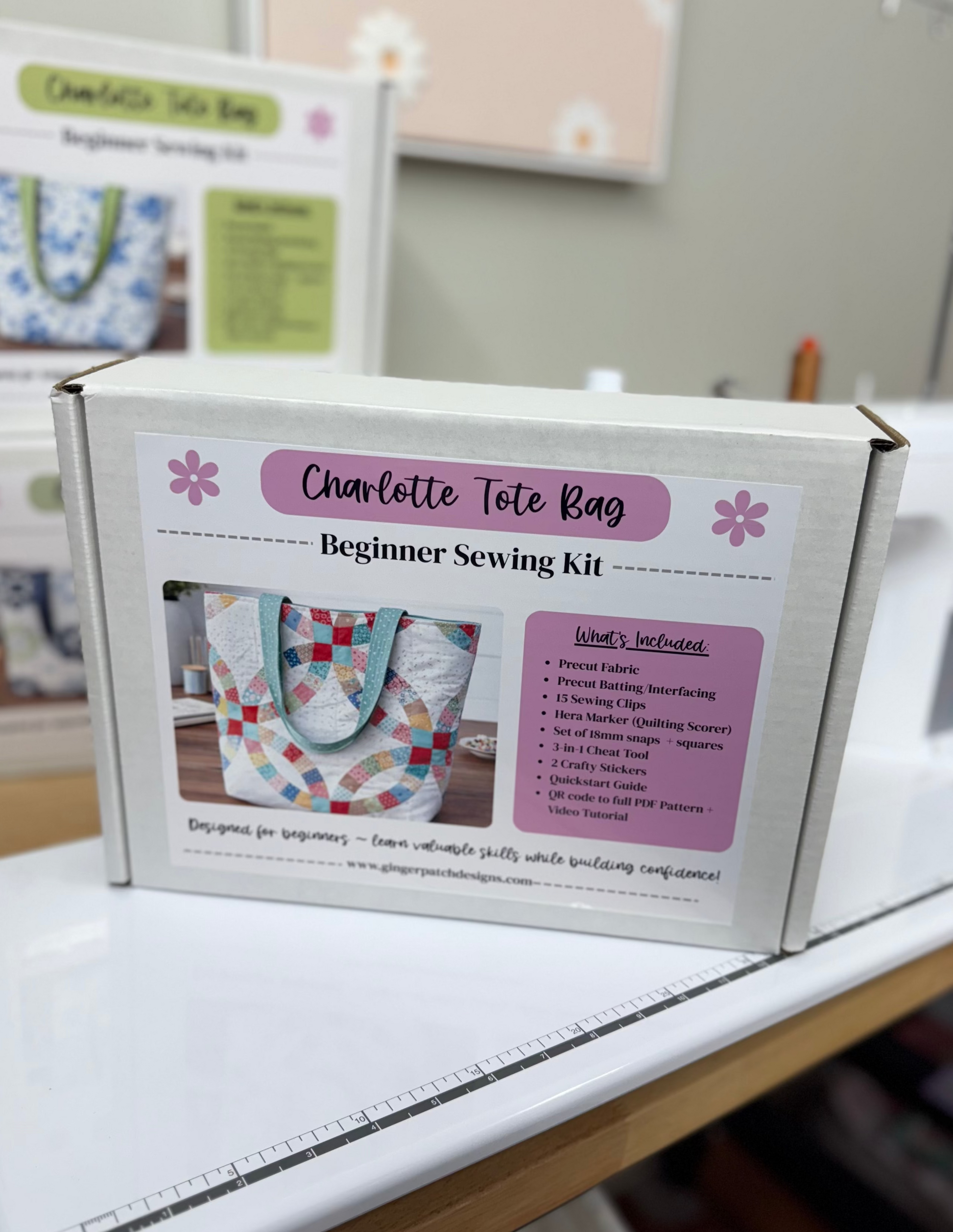 Charlotte Tote Bag Beginner Sewing Kit on a sewing machine with a blurred background