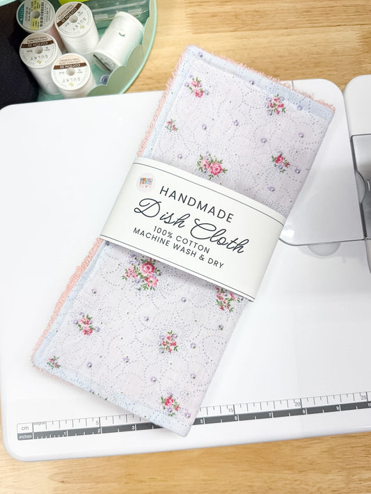Handmade dish cloth with floral pattern on a sewing machine