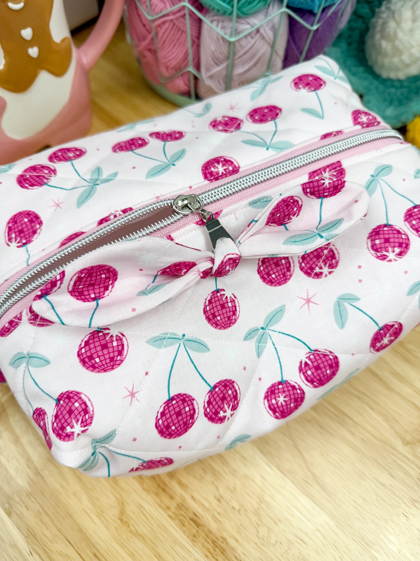 Pink Disco Cherry Quilted Makeup Bag