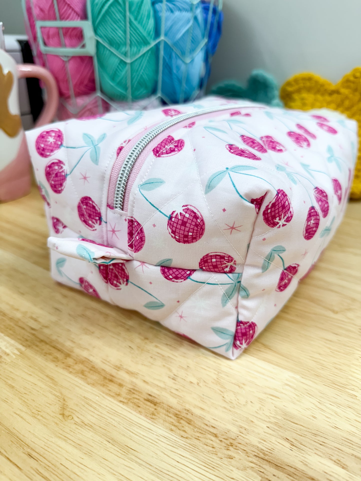 Pink Disco Cherry Quilted Makeup Bag