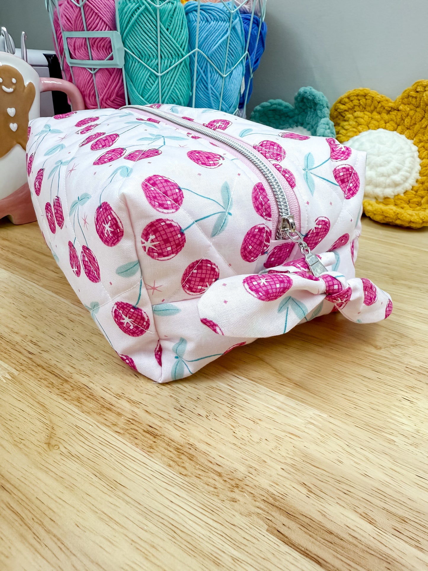 Pink Disco Cherry Quilted Makeup Bag