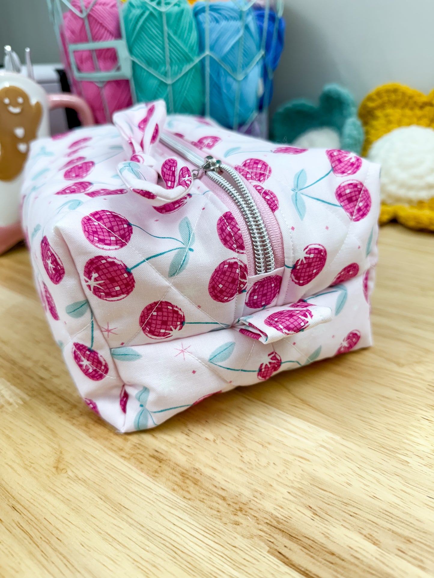 Pink Disco Cherry Quilted Makeup Bag