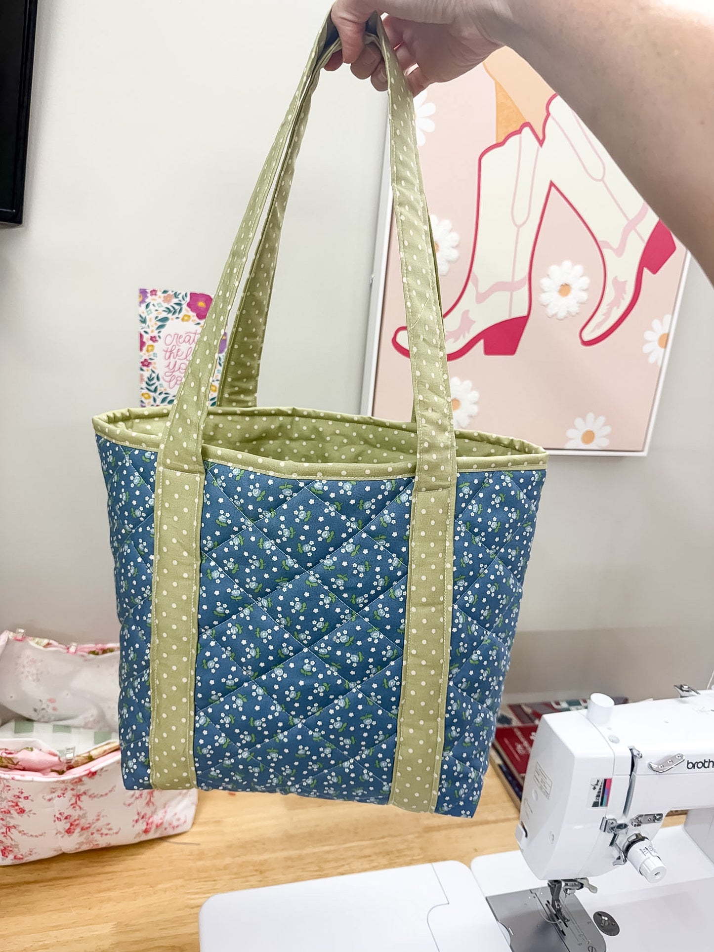 Hazel Quilted Tote Bag Blue Ditsy Floral