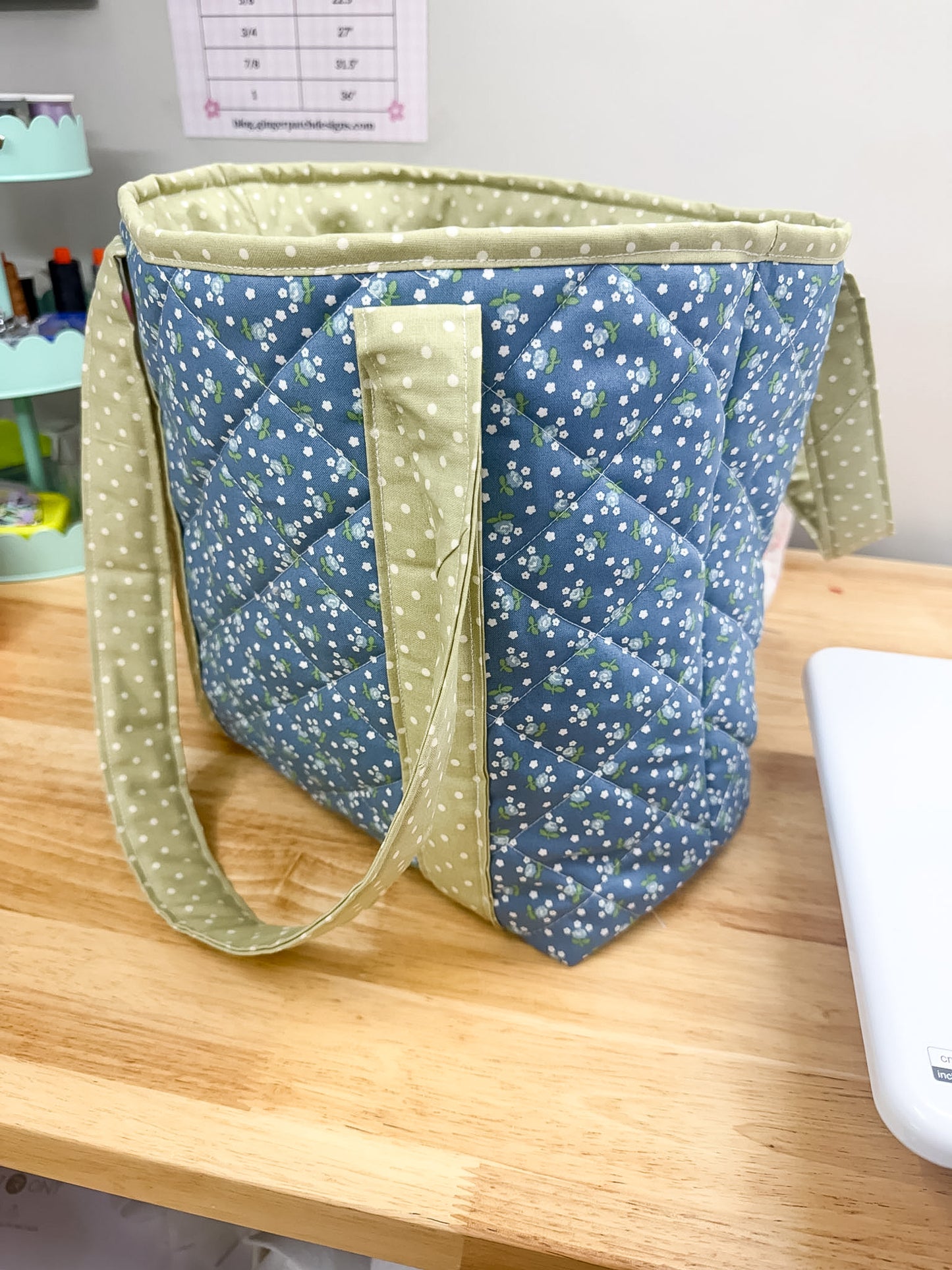 Hazel Quilted Tote Bag Blue Ditsy Floral
