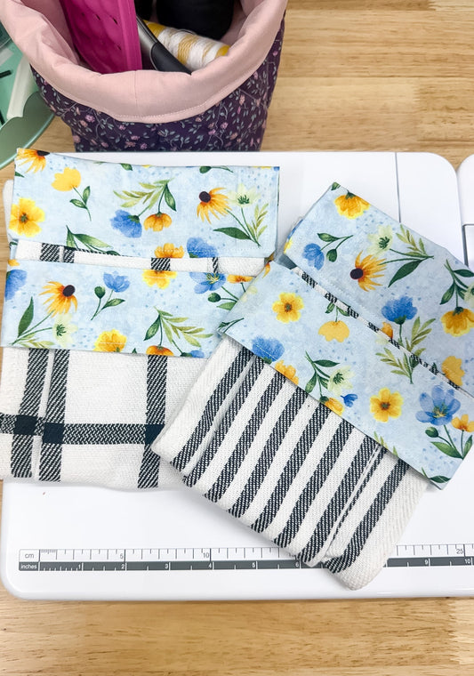 Hanging Dish Towel SET of 2 Blue Floral Black Plaid