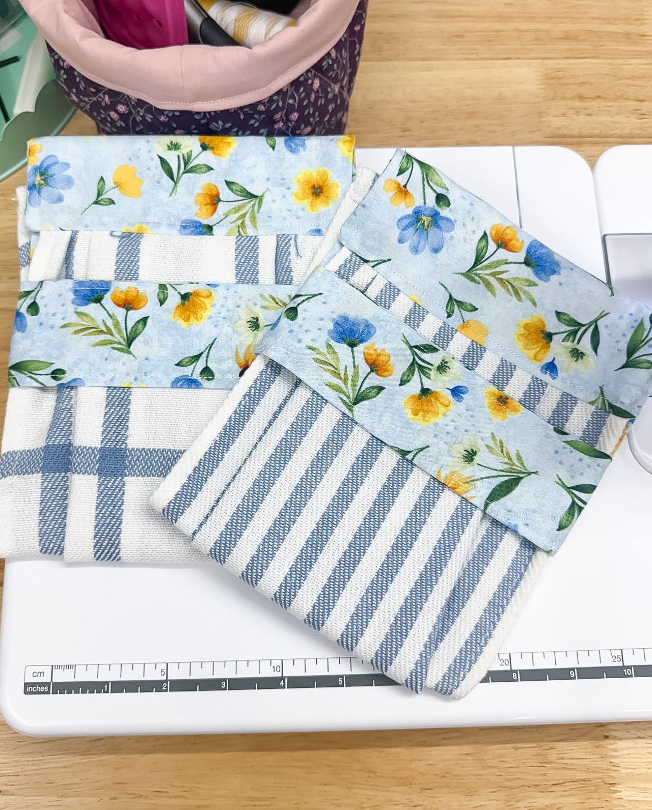 Hanging Dish Towel SET of 2 Blue Floral Blue Plaid