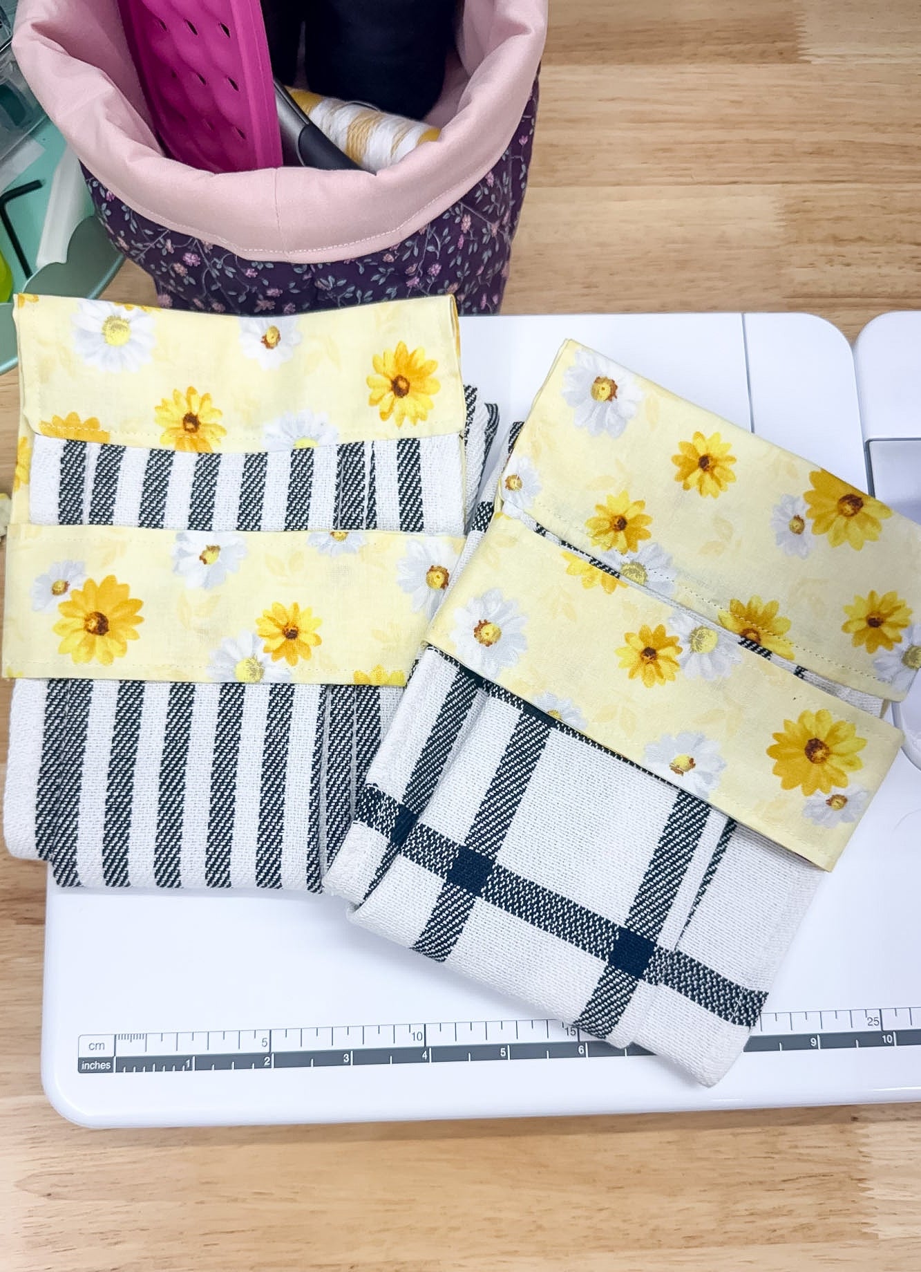 Hanging Dish Towel SET of 2 Yellow Sunflower Black