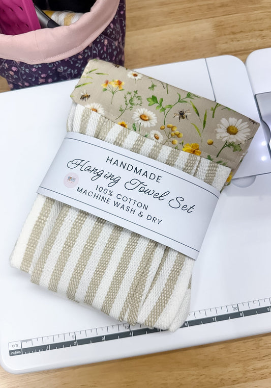 Hanging Dish Towel SET of 2 Wildflower Bees Beige Plaid