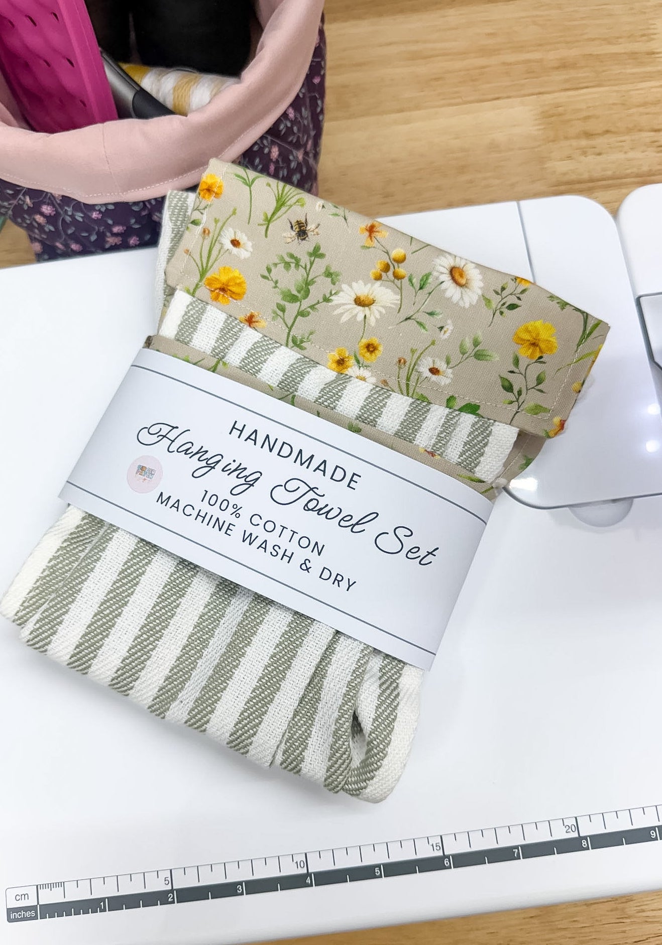 Hanging Dish Towel SET of 2 Wildflower Bees Green Plaid