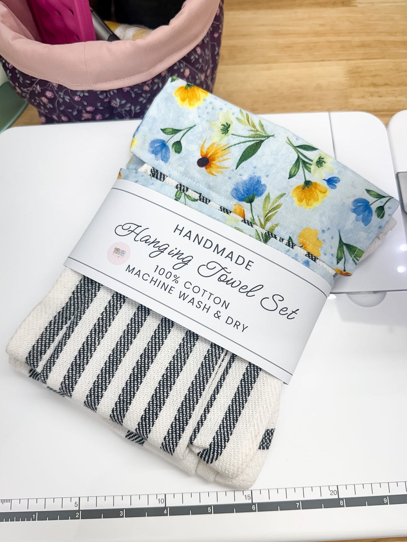 Hanging Dish Towel SET of 2 Blue Floral Black Plaid
