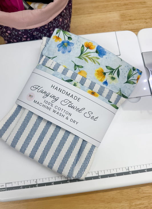 Hanging Dish Towel SET of 2 Blue Floral Blue Plaid