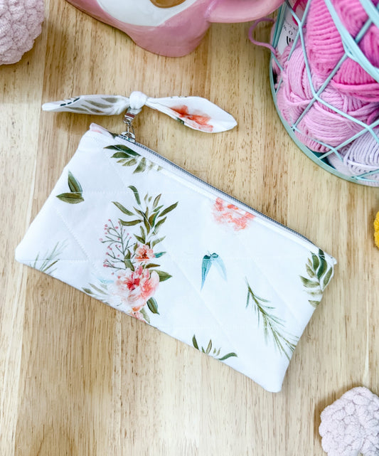 Boho Floral Blush Flat Quilted Bow Pouch