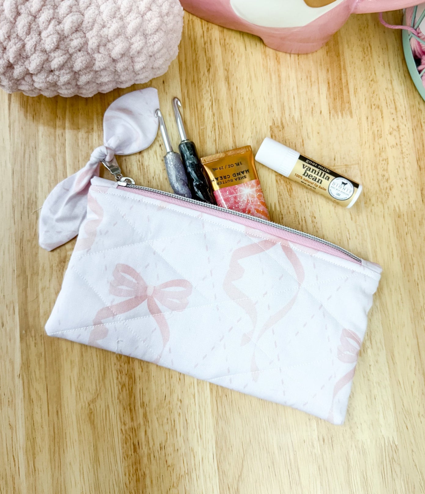 Pink Coquette Bow Flat Quilted Pouch