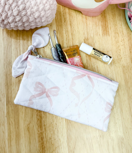 Pink Coquette Bow Flat Quilted Pouch
