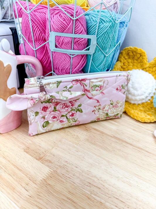 Pink Rose Tea Set Flat Quilted Bow Pouch