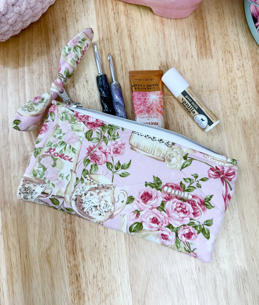 Pink Rose Tea Set Flat Quilted Bow Pouch
