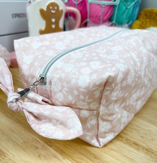 Light Peach Pink Floral Quilted Bow Bag