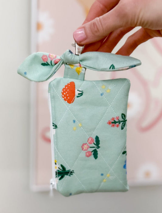 Mint Mushroom Quilted Bow Keychain Wallet