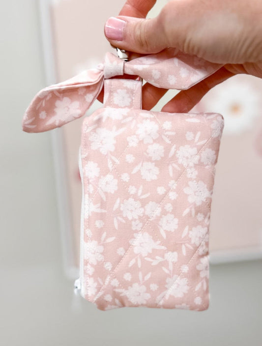 Light Pink Floral Quilted Bow Keychain Wallet