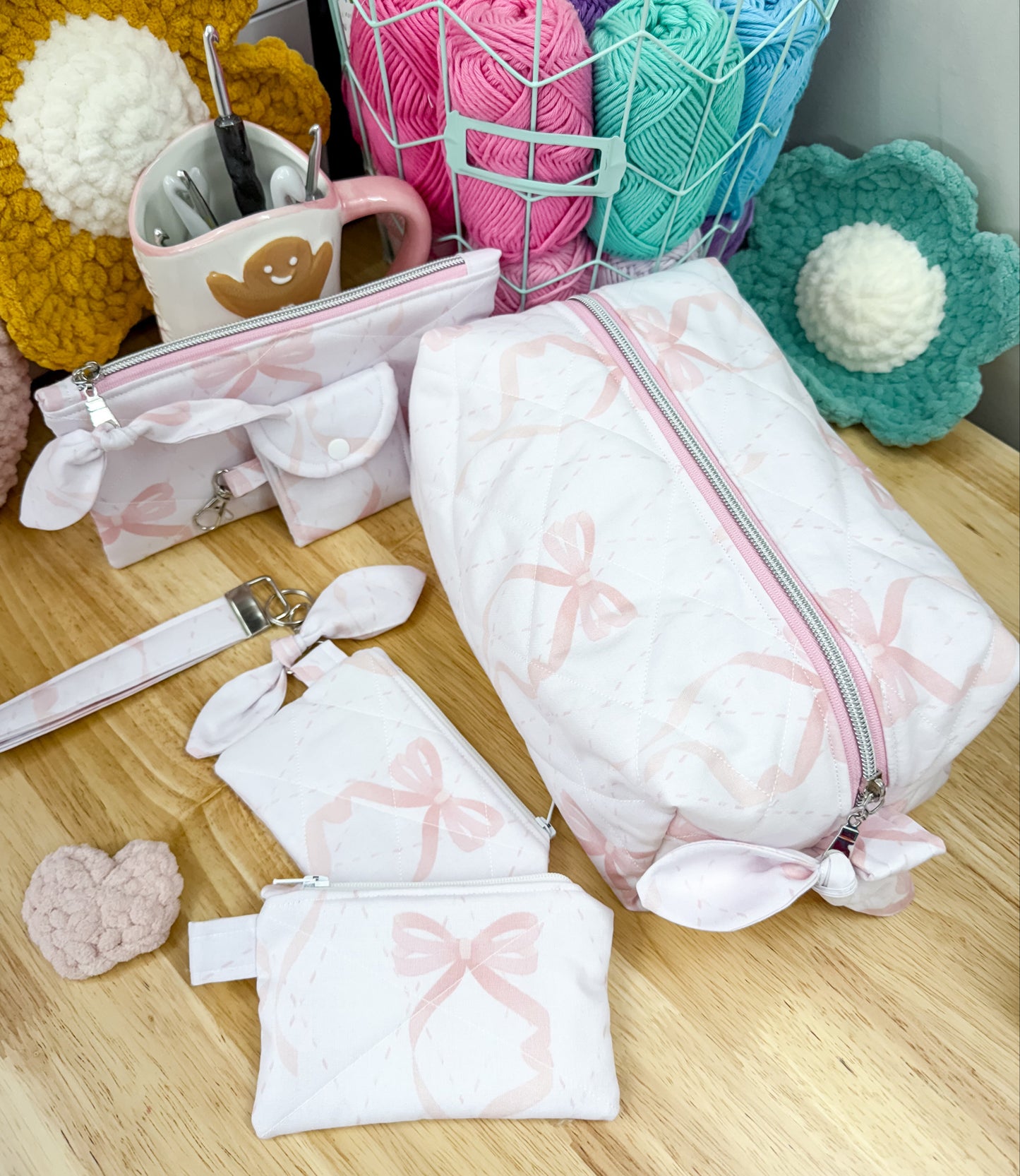 Pink Coquette Bows Makeup Bag Accessories Set