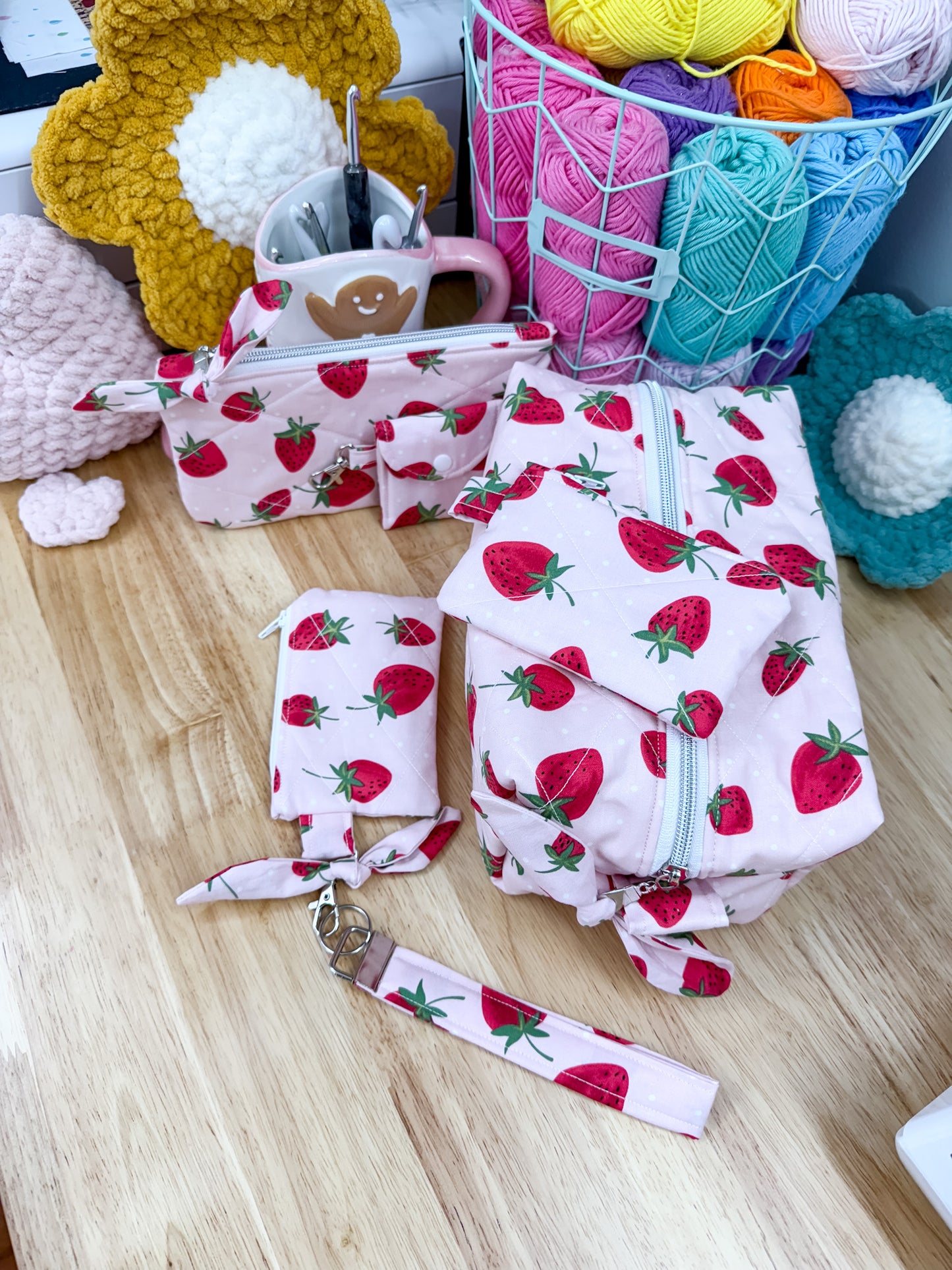 Pink Strawberry Makeup Bag Travel 6 pc Set