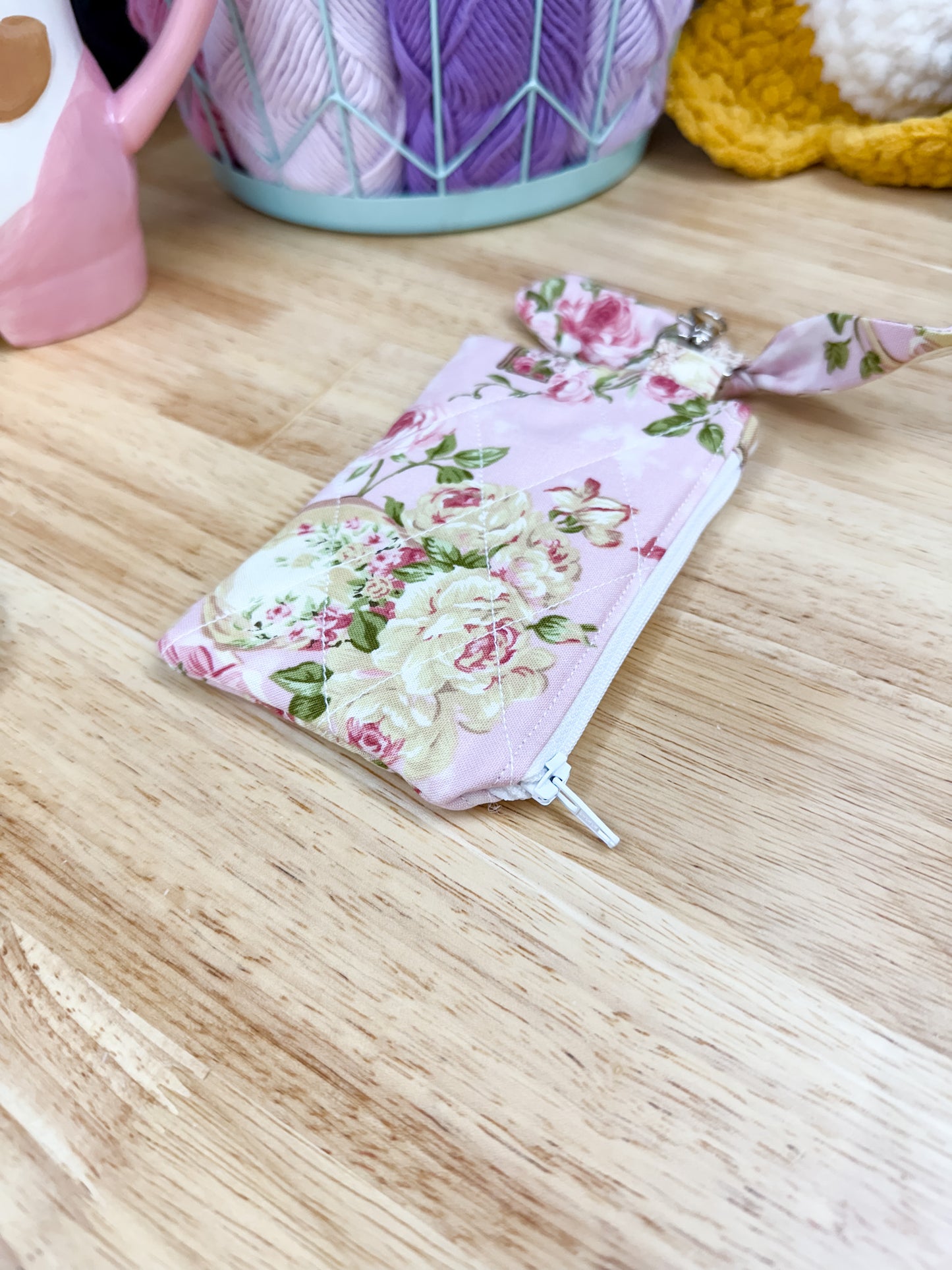 Rose Tea Set Quilted Bow Keychain Wallet