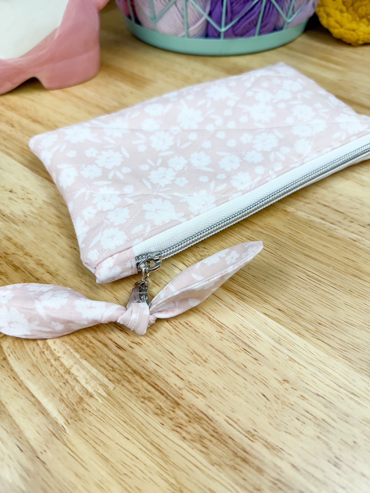 Light Pink Floral Flat Quilted Bow Pouch
