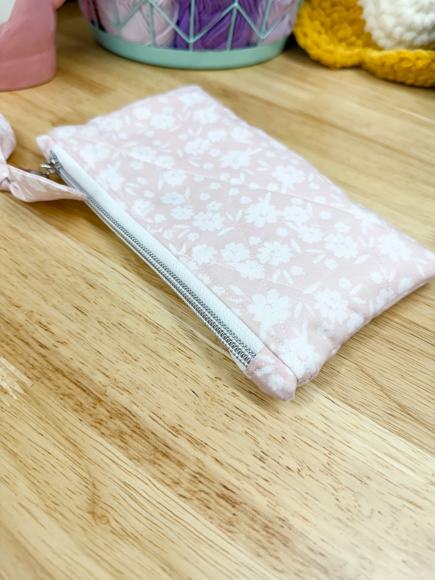 Light Pink Floral Flat Quilted Bow Pouch