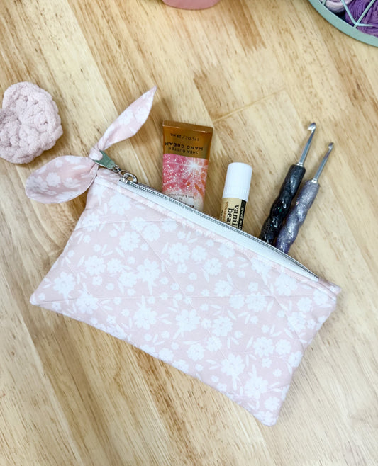 Light Pink Floral Flat Quilted Bow Pouch