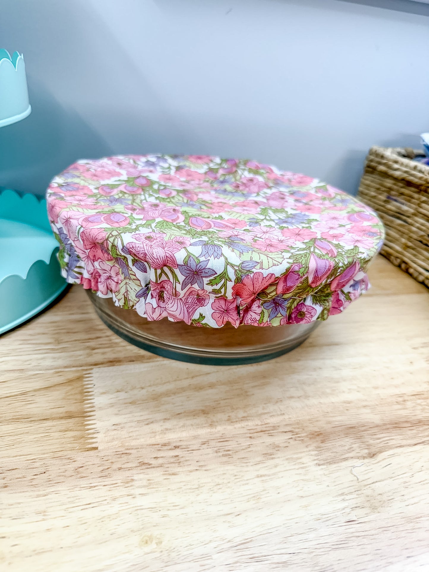 Reversible Bowl Cover LARGE Vintage Soft Pink Floral/Green Stripe